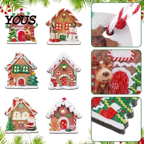 Vintage Candy Cottage Ornaments 24/36Pcs Gingerbread House Christmas Ornaments, Wooden Xmas Tree Decor with Rope, DIY Party Supplies Hanging