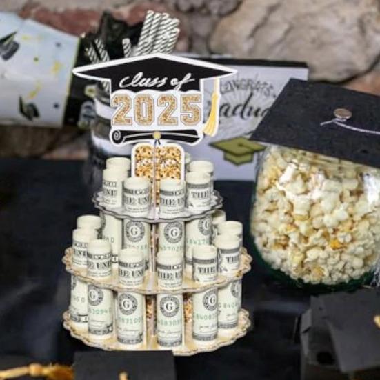 Yousheng Abschluss Geldhalter Turm Doppelte Schichten Bargeld Aufbewahrungsregal Abschlussjahrgang 2025 Geldgeschenk für Absolventen Abschlussfeier Tischdekoration