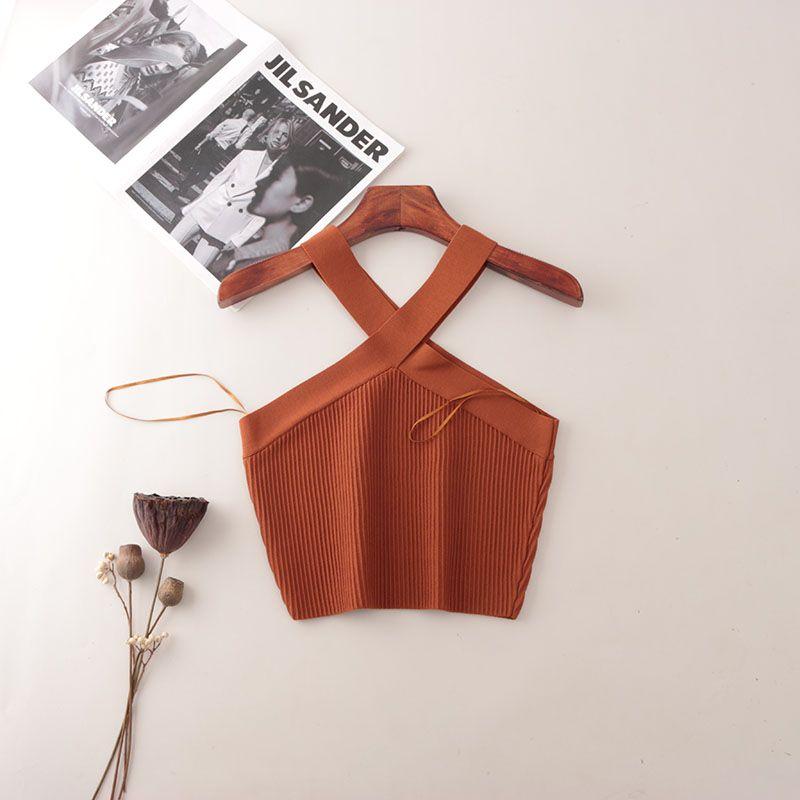 American Fashion Brand Cross Hanging Neck Cami Summer Rib Solid Sexy Short Knitted Top Women