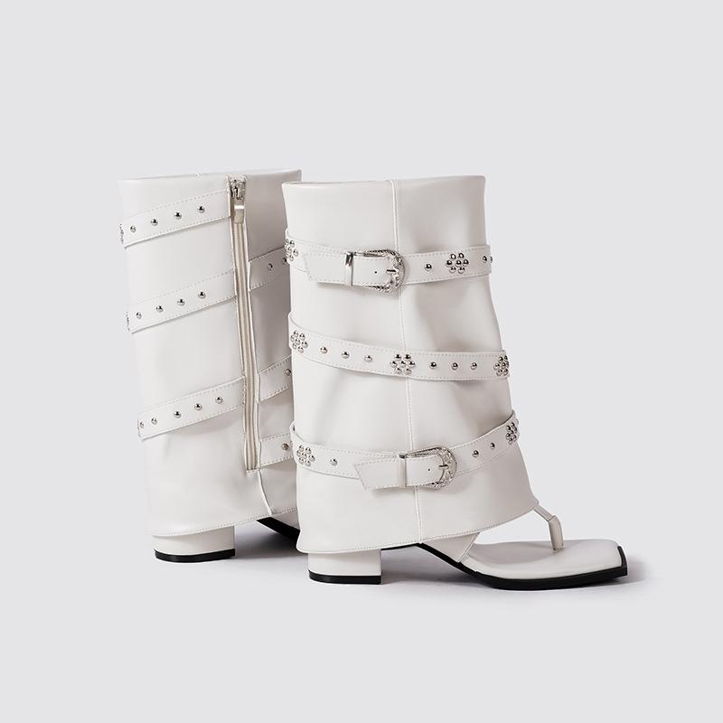 Punk style black rivet toe herringbone cool boots women's shoes summer new retro buckle Spice Girls trouser boots