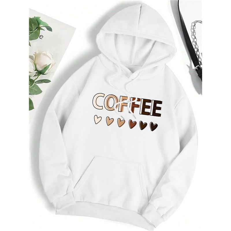Love Coffee Funny Letter Graphic Printing Hoody Woman Fashion Fleece Sweatshirt Casual Hooded Autumn Oversized Clothing