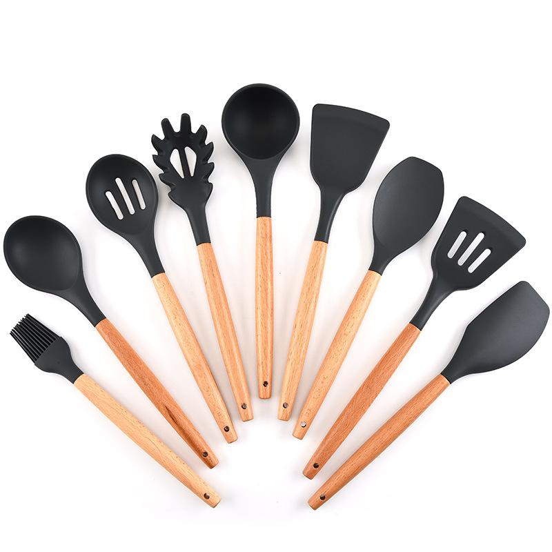 9 PCS/LOT Silicone Kitchen Tools Cooking Sets Soup Spoon Spatula Non-stick Shovel with Wooden Handle Special Heat-resistant
