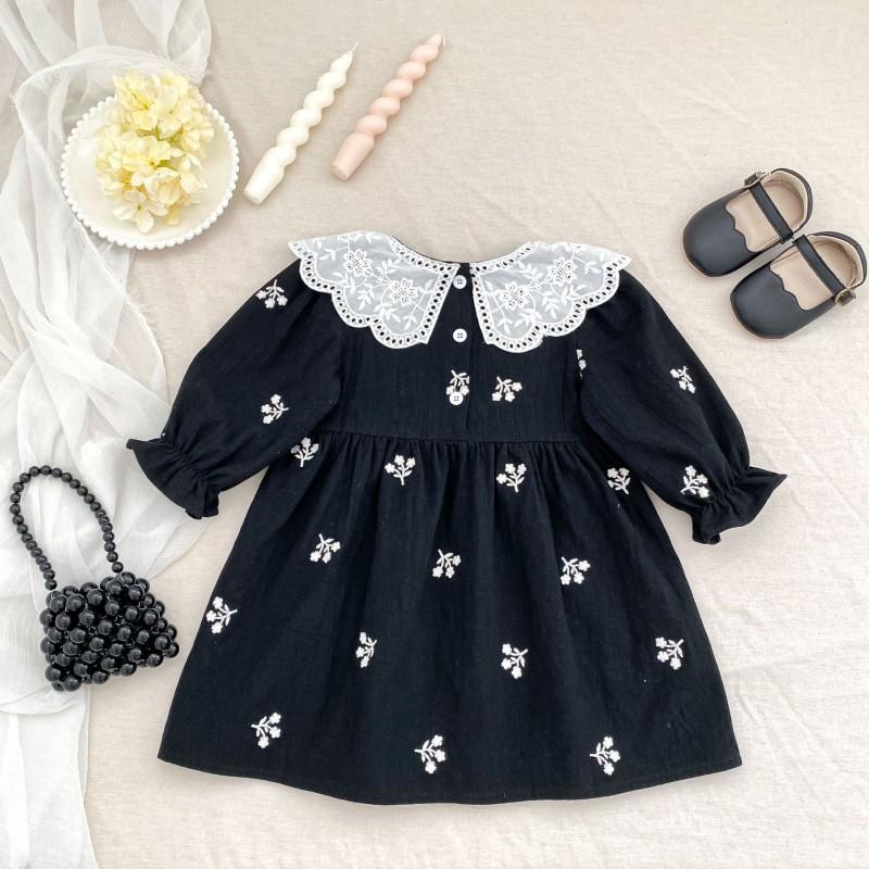 Girls Long Sleeve Dress Cotton Embroidered Turn-down Collar A-line Skirt Toddler 3-8 Years