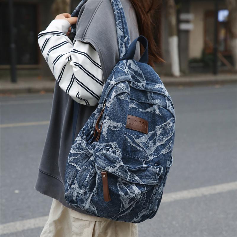 Denim Camouflage Backpack Casual Style Unisex School Bag Fashionable Travel Rucksack