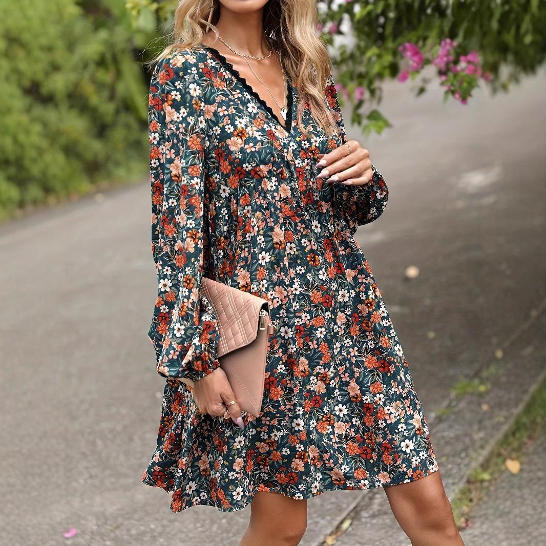 Women s Lace Trim V Neck Floral Print Long Sleeve Loose A Line Mini Casual Dress S