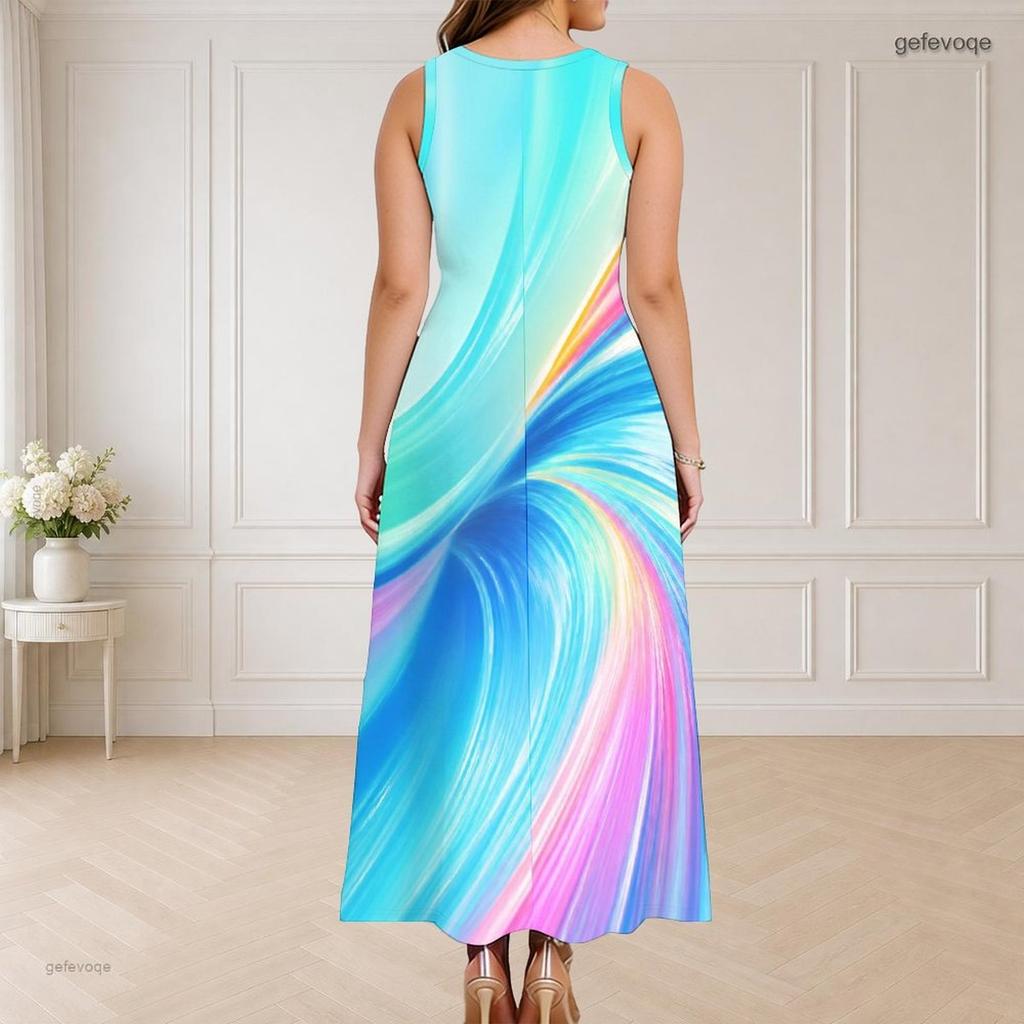 Women Plus Size Round Neck Triple Keyhole Cutout Sleeveless Printed Colorful Gradient Long Dress
