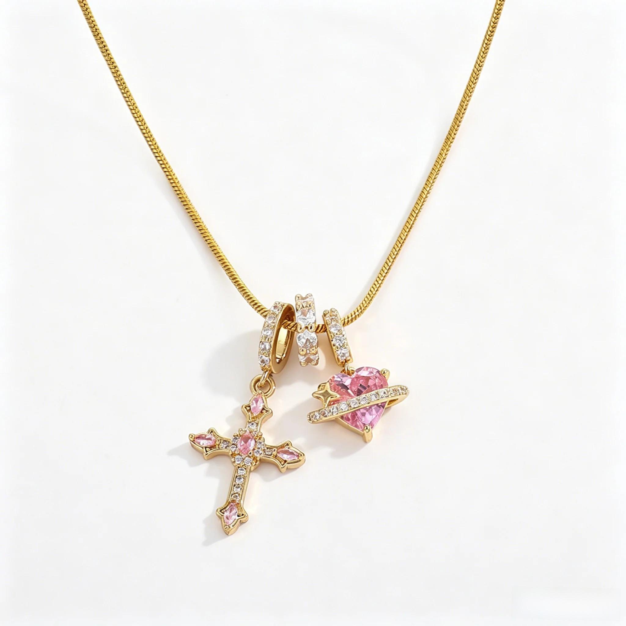 Women s diamond zircon Necklace Copper Cross Collarbone Chain Light Luxury Niche Design Versatile Fashion Accessory золотой