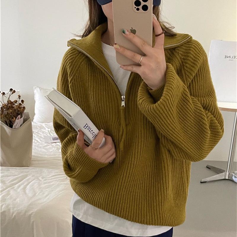 2024 Autumn/Winter Women's Zipper Pullover: Stand-Up Collar, Ribbed, Loose Knit Sweater