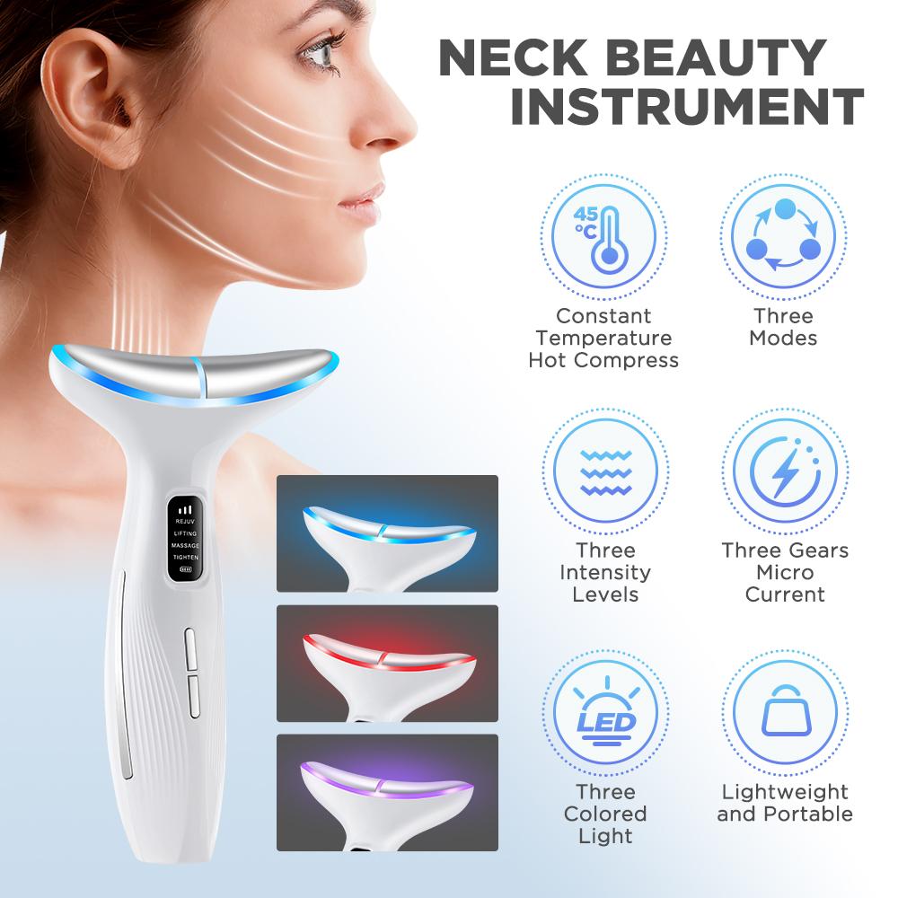 3 Colors LED Neck Beauty Device EMS Facial Lifting Massager Double Chin Remover Heat Therapy Face Skin Rejuvenation Instrument