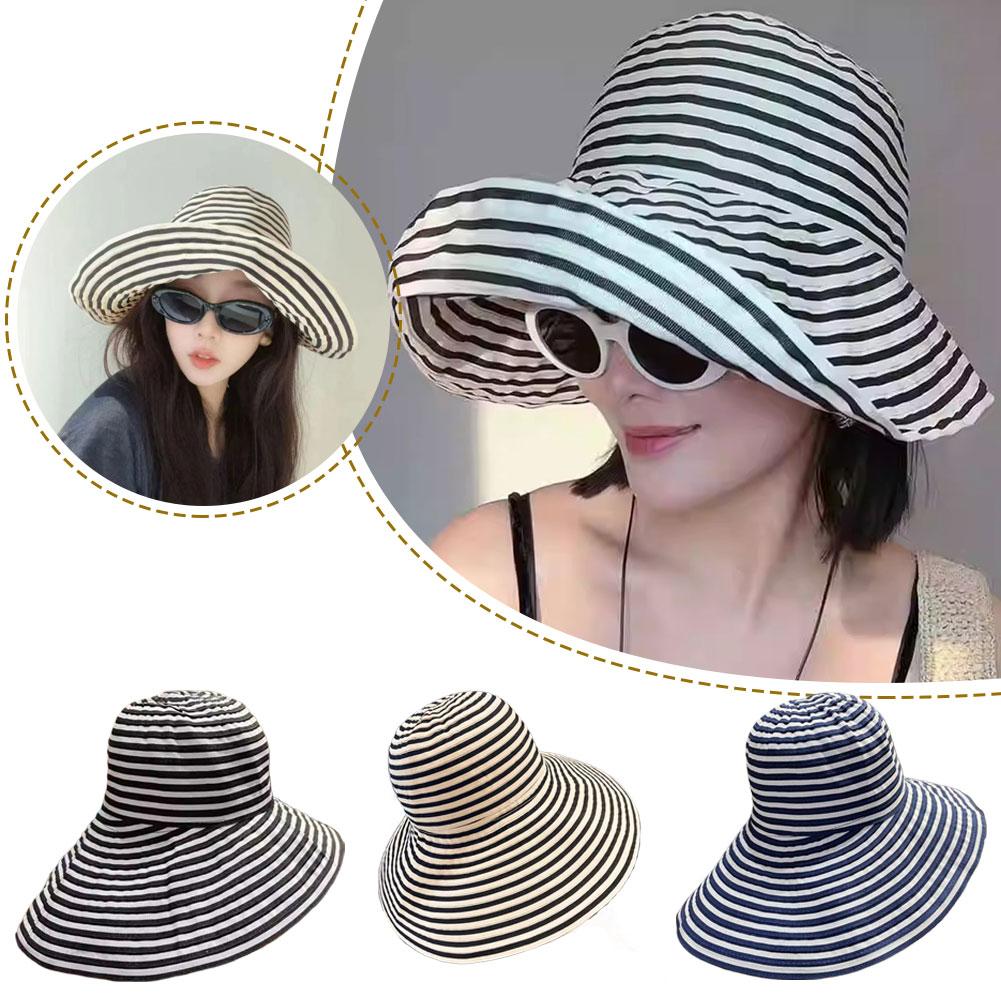 2025Simple Foldable Summer Striped Fisherman's Hat Fashionable Vacation Beach Hat Brimmed Wide G0U7