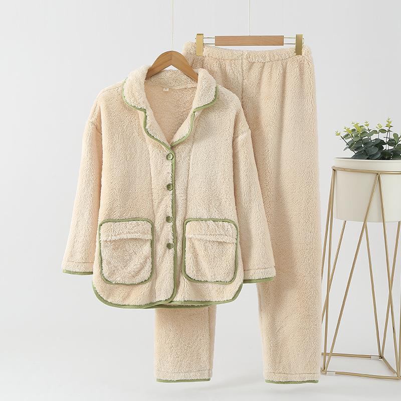 Autumn and winter loungewear warm thickened pajamas pajamas women's arctic velvet couple's solid color cardigan can be worn loosely