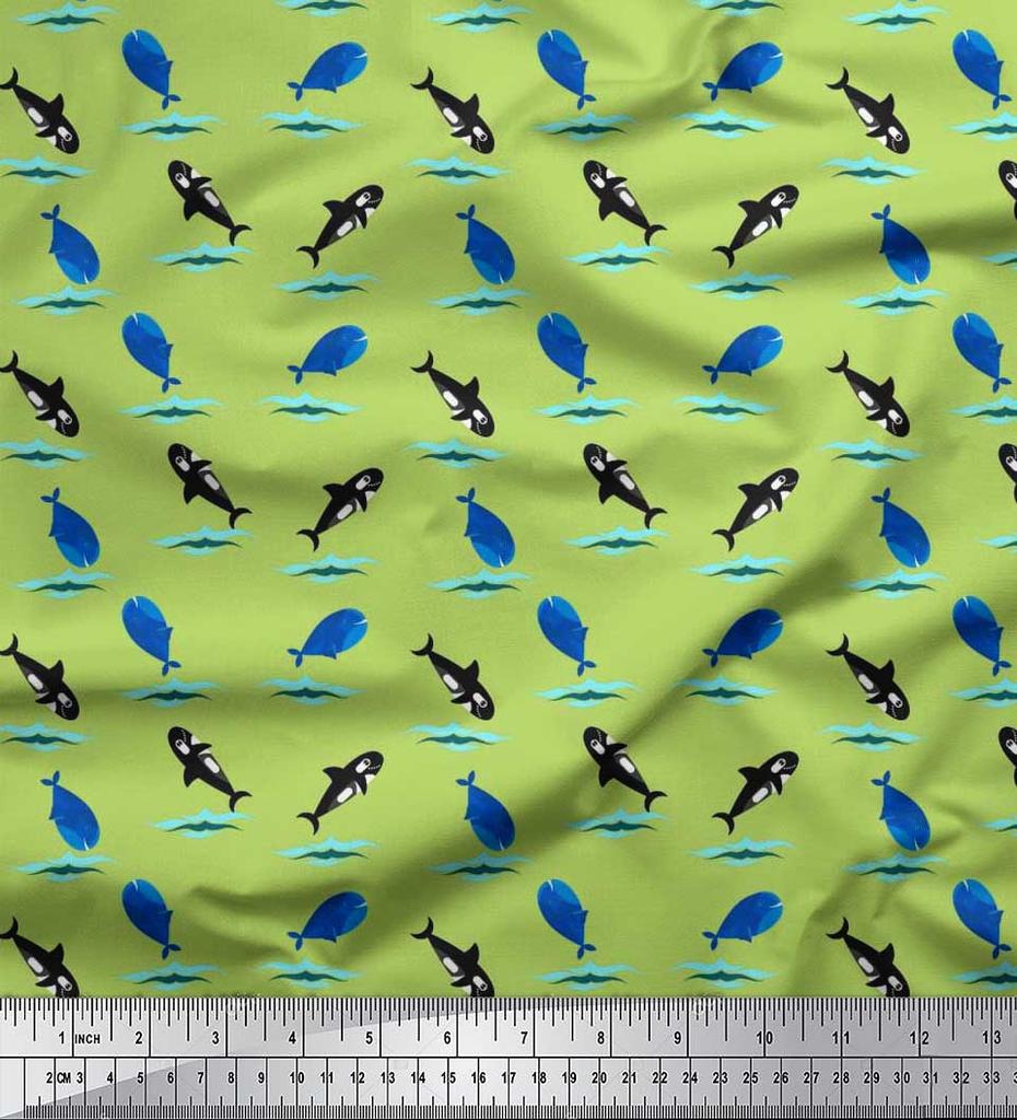 Soimoi Japan Crepe Satin Fabric Waves,Whale & Dolphin Ocean Decor Fabric Printed metre 42 Inch