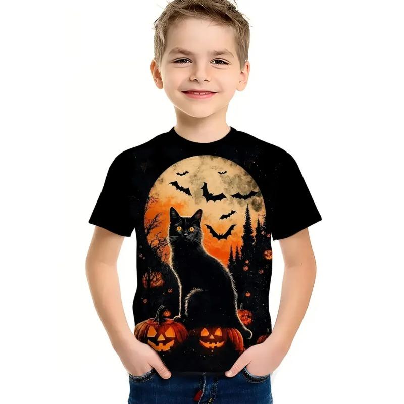 Round Neck 3D Pumpkin Animal Printed T-shirts Short Sleeved Children's Boy T-shirts - Soft Medium Stretch Polyester Fabric Summer Relaxed Fit Clothing