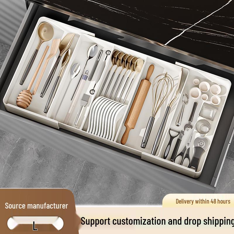 Retractable Kitchen Drawer Organizer with Removable Dividers - Deep Cabinet Storage Tray