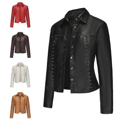 Spring and Autumn New Rivet Leather Jacket Cardigan Button Leather Jacket European and American Fashion Thin Coat Women's Clothing