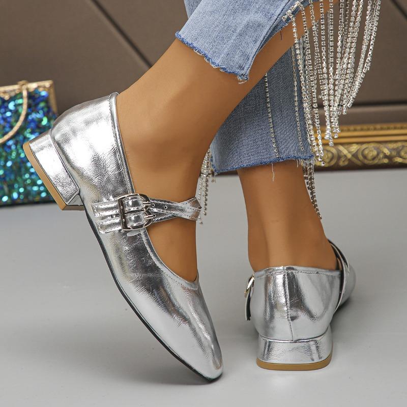 Silberschuhe Damen Herbst und Winter Neu Eckige Zehenpartie Niedriger Absatz Lederschuhe Weiche Sohle Ballerinas