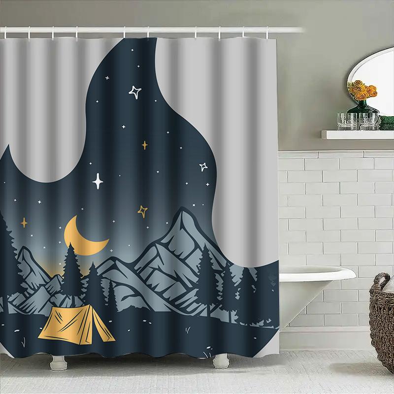 Outdoor Camping Shower Curtain Moon Stars Forest Tents Print Bath Decor Waterproof Fabric Decoration