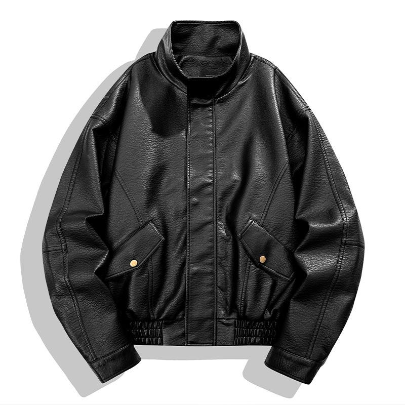Mens Pu Leather Jacket Stand Collar Loose Retro Motorcycle Casual Outerwear