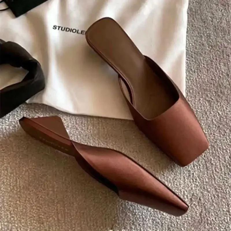 Fashion Luxury Satin Design Mules Shoes for Women Summer Sexy Square Head Strange Low Heel Slide Sandals Elegant Comfort Dress Slippers
