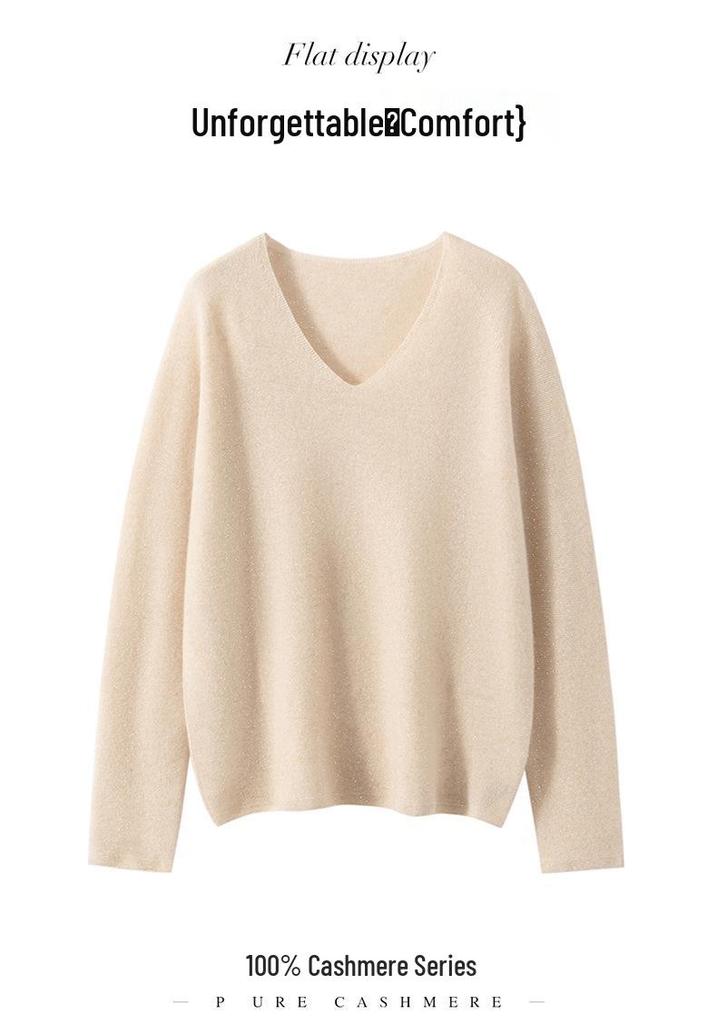 Women's Soft 100% Cashmere V-Neck Sweater - Loose Fit, Long Sleeve, Solid Color Knitwear for Autumn and Winter
