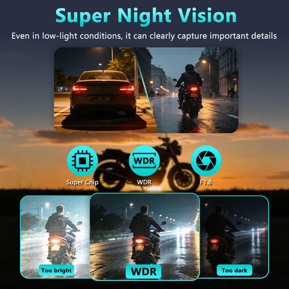 2K HD Motorcycle Dash Cam with WiFi, Image Stabilization, and IP66 Waterproof.