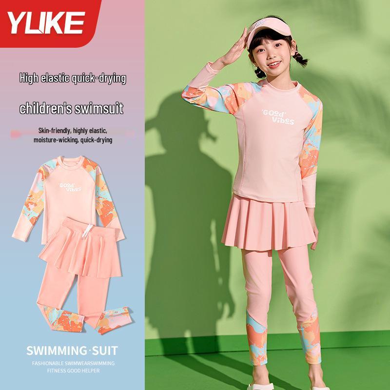 Girls' Quick-Dry Two-Piece Swimsuit: Long Sleeve & Pants, Comfortable & Breathable for Swimming and Hot Springs