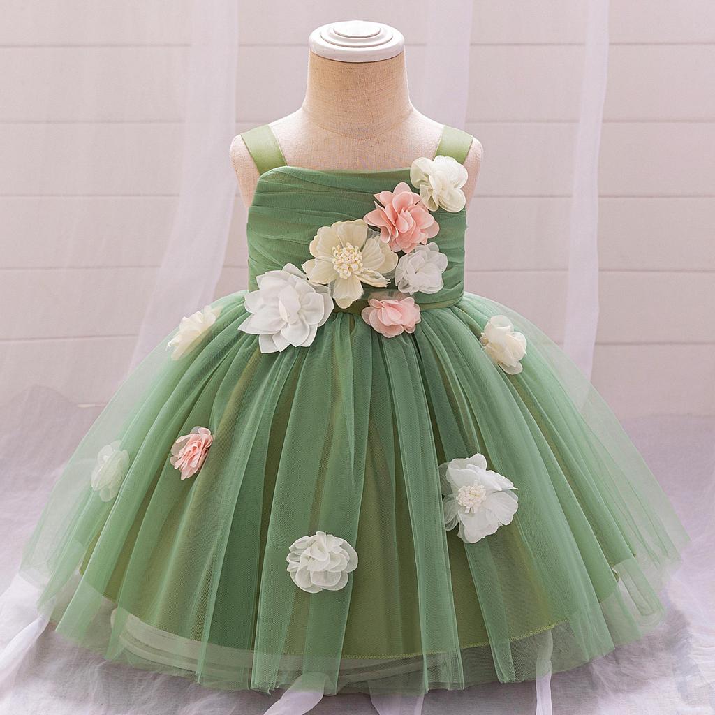 European & American Style One-Shoulder Baby Girl Wedding Dress with 3D Flowers, Ideal for First Birthday or Special Occasion Performance.