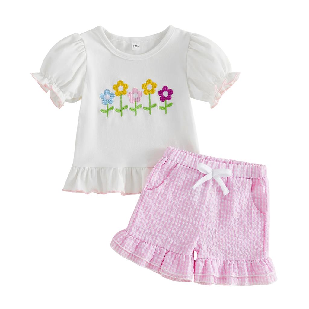 Cute Girls 2-Piece Set with Floral Embroidered Short-Sleeve Top and Checkered Shorts Perfect for Summer Fun