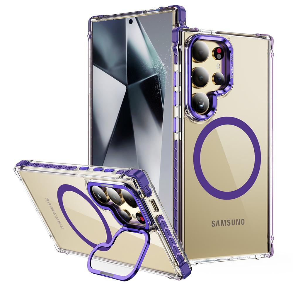 

For Samsung Galaxy S24 Ultra Clear Phone Case with Lens Kickstand Cover Compatible with MagSafe Purple