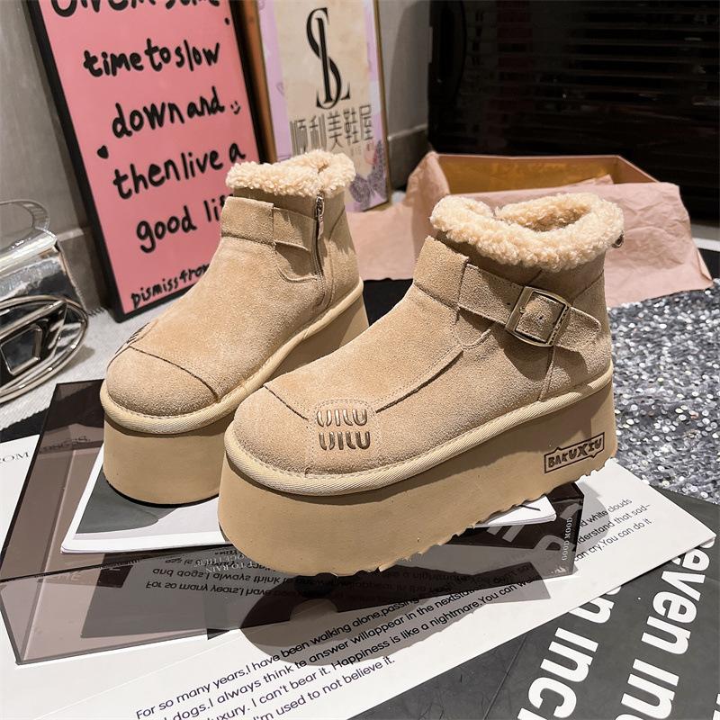 Soft leather version~ Lamb wool shoes platform muffin Boken snow cotton boots big head bread shoes small man showing feet small woman
