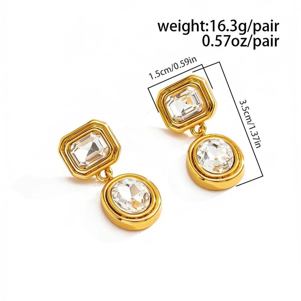 Salircon 2026 New Exquisite Shiny Big Rhinestones Stainless Steel Drop Earring Women 18K Gold Plated Square Oval Pendant Jewelry
