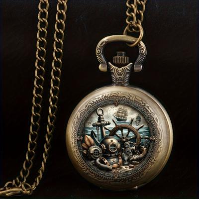 Vintage Unique Nautical Sailboat Anchor Design Quartz Pocket Watch , With Chain Necklace Pendant,Great  Gift for Kids Male Men