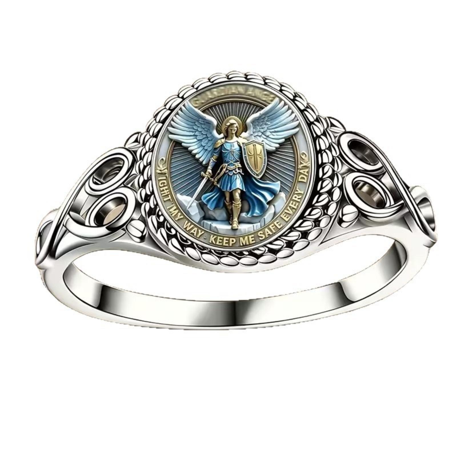 Sterling Silver Guardian Angel Ring with Intricate Engraved Band and Detailed Medallion Design for Finger Jewelry Fashion Accessory 10