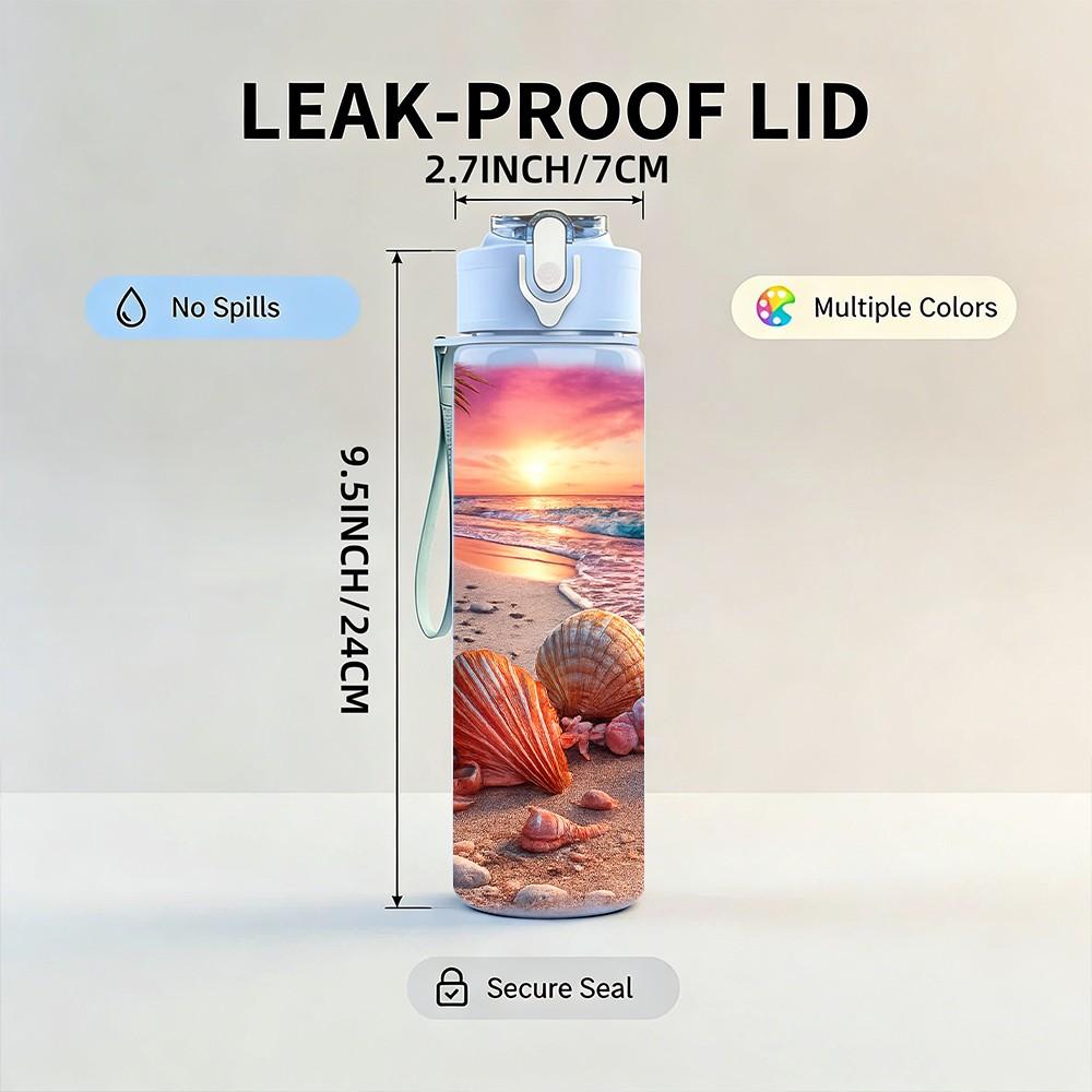 1PC Beach Sunset Ocean View Print 750ml Color Plastic Sports Water Bottle Leakproof Flip Straw Lid Suitable for Sports Office Home Use