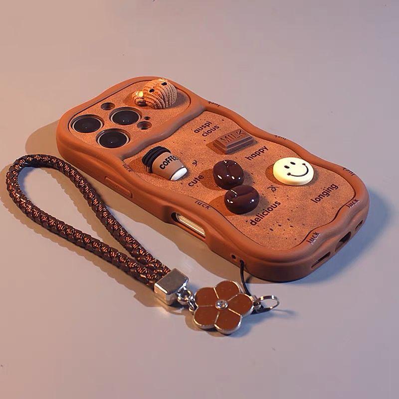 Adequado para Iphone Capa de Celular 3D Fofa Cor Marrom Café Borda Ondulada com Cordão Capa de Silicone Macio Presente Perfeito para Amigas