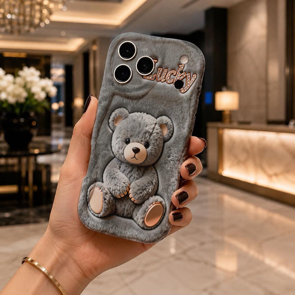 Grey Fluffy Teddy Bear Lucky Rhinestone Wavy Edge Phone Case For iPhone 17 16 15 14 13 12 11 8 7 Plus Pro Max Soft Cover