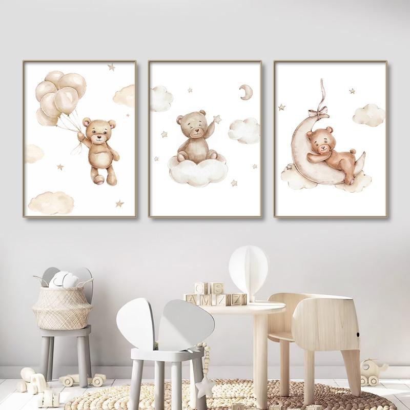 Cute Bear Canvas Painting Rainbow Moon Poster Cloudy Balloon Wall Art Nursery Posters Kids Room Decor Canvas Prints Picture