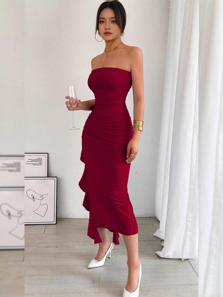 2025 European & American Slim-Fit Slit Bandeau Dress: Trendy Hip-Hugging Hot Girl Fashion