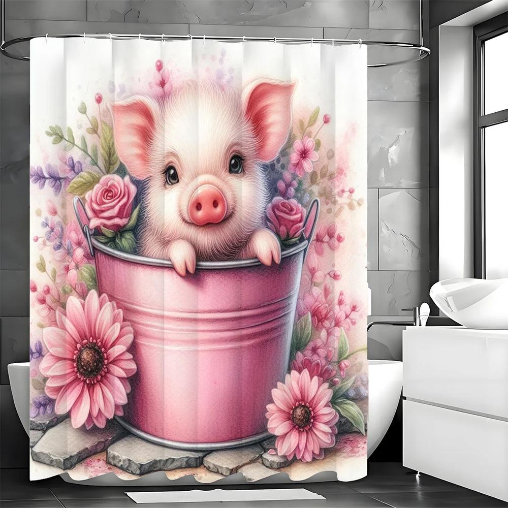 Piggy Floral Shower Curtain in Pink Ironton, Bathroom Decorative Shower Curtain, Waterproof Shower Curtain with Hooks