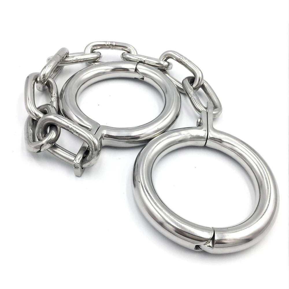Polished Shining Stainless Steel Oval Wrist Ankle Cuffs Restraint Slave Handcuff Chain Connected Bracelet Bondage  Adult Toy