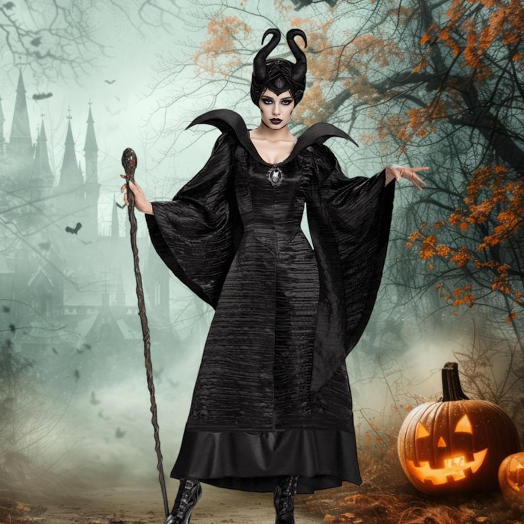 Matreeglam Halloween Cosplay Maleficent Black Witch Costume, 2-Piece Witch Costume Set for Adults, Shrine Maiden and Queen Costumes, Perfect for