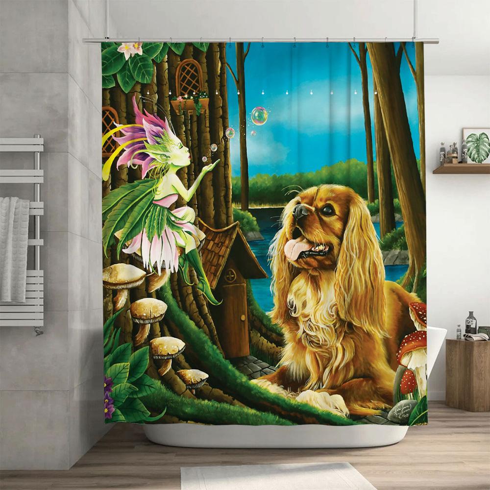 Magical Fairy Garden Decor Shower Curtain Fantasy Landscape With Dog Print Wall Hanging For Bathroom