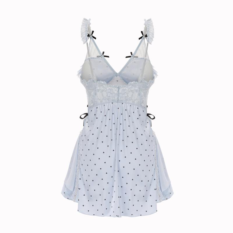 Women’s Sexy Backless Push Up Deep V Sleep Dress Ruched Lace Mesh Nightdress Polka Dot Ice Silk Nightgown