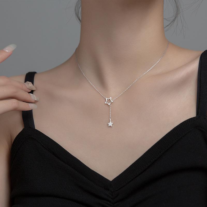 WANTME Real 925 Sterling Silver Fashion Korean Romantic Hollow Star Link Chain Clavicle Necklace for Women Wedding Jewelry Gift