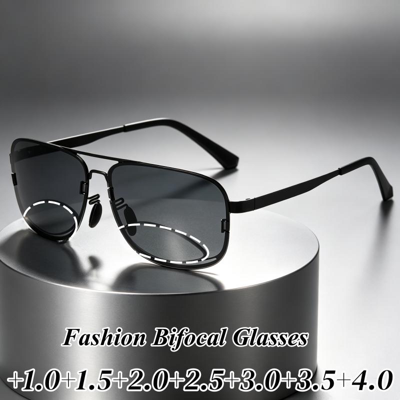Metal Double-Bridge Polarized Presbyopia Sunglasses Outdoor Gray-Lens Bifocal Reading Glasses Classic Driving Shades for Men