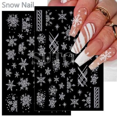 Winterweiße Weihnachts-Nagelsticker: Glitzernde Schneeflocken-, Herz- und Rentierdesigns