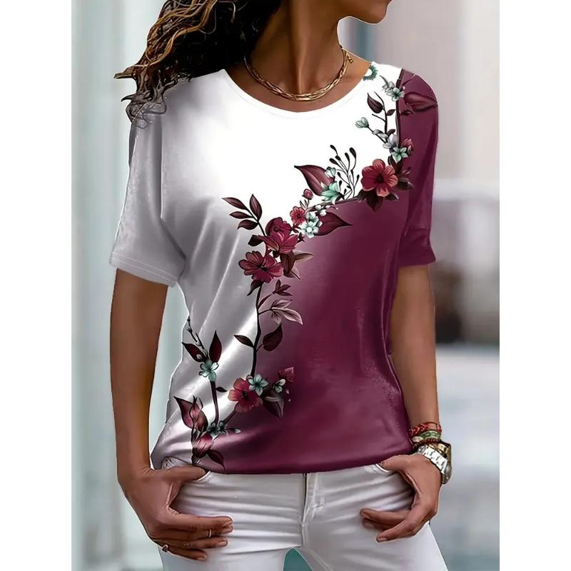 Modisches Damen Rundhals-T-Shirt Rundhals Kurzarm 3D Farbdruck