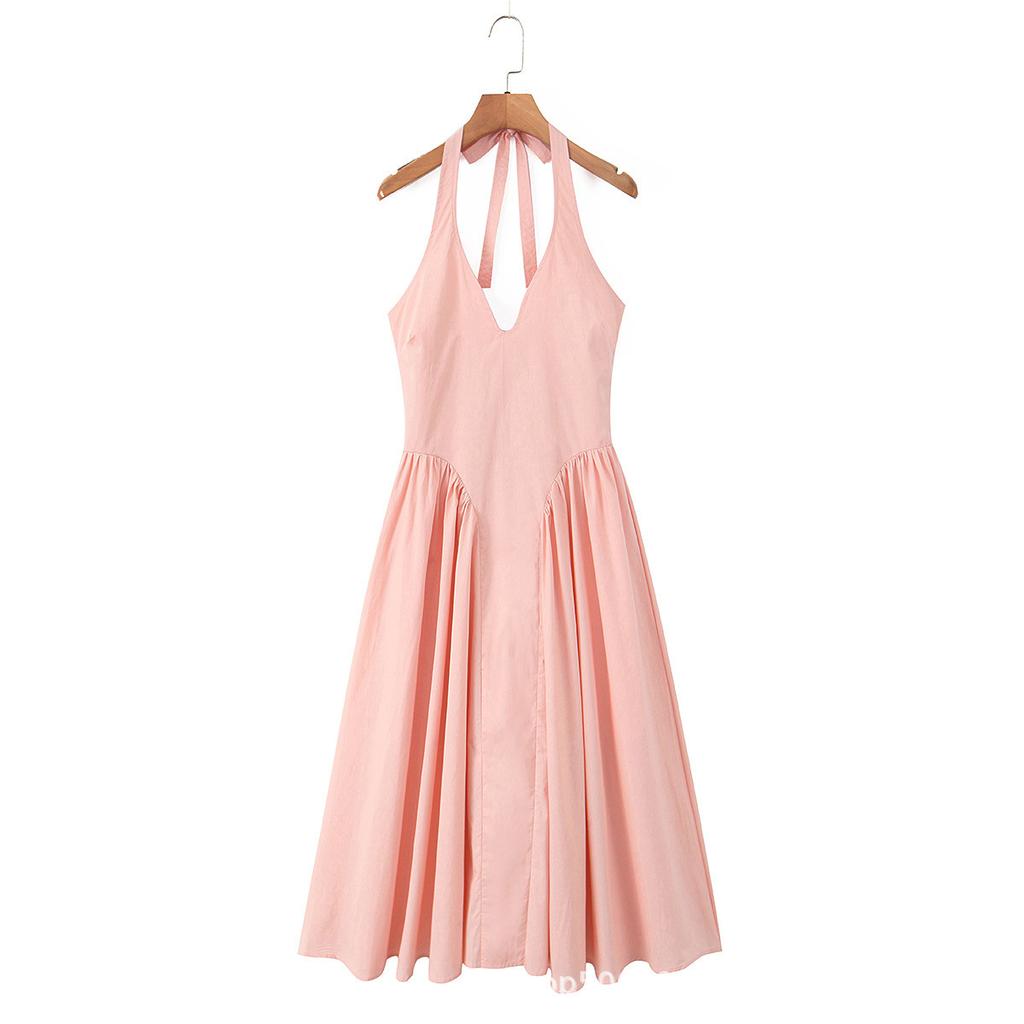 European and American style vacation temperament elegant V-neck waist and thin neck straps medium and long dress women
