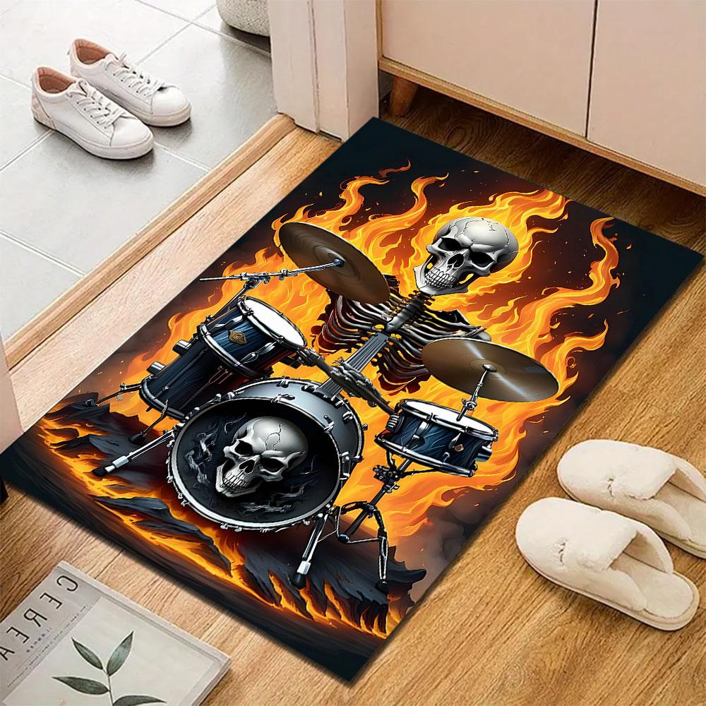 "Skeleton Drummer in Fiery Blaze" Patterned carpet, suitable as a non slip play mat for the living room and bedroom sofa