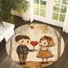 Cartoon boy and girl with love Flannel-printed round floor mats are slip-resistant Suitable living room terrace garden carpets